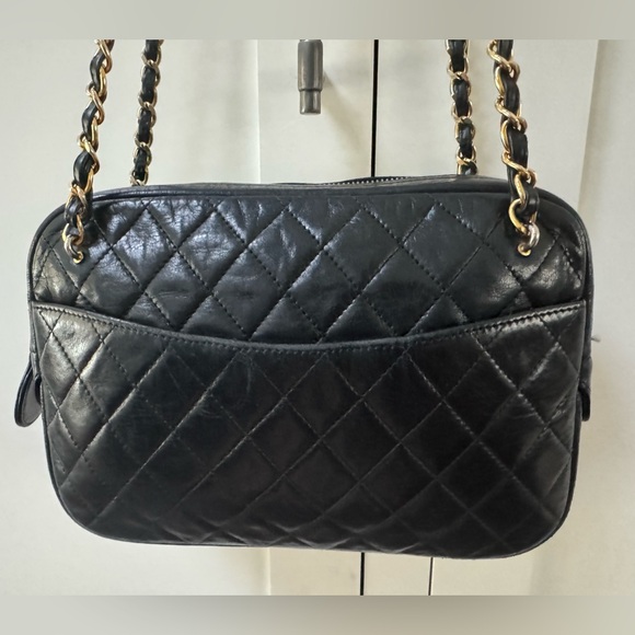 CHANEL Vintage Black Quilted Lambskin Leather Camera Bag -Gold Burgundy Shoulder - Picture 5 of 16
